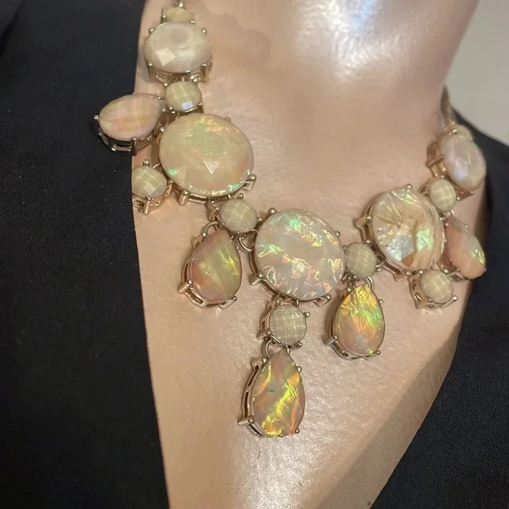 Women’s necklace statement bauble Gold iridescent stone chunky dangle costume